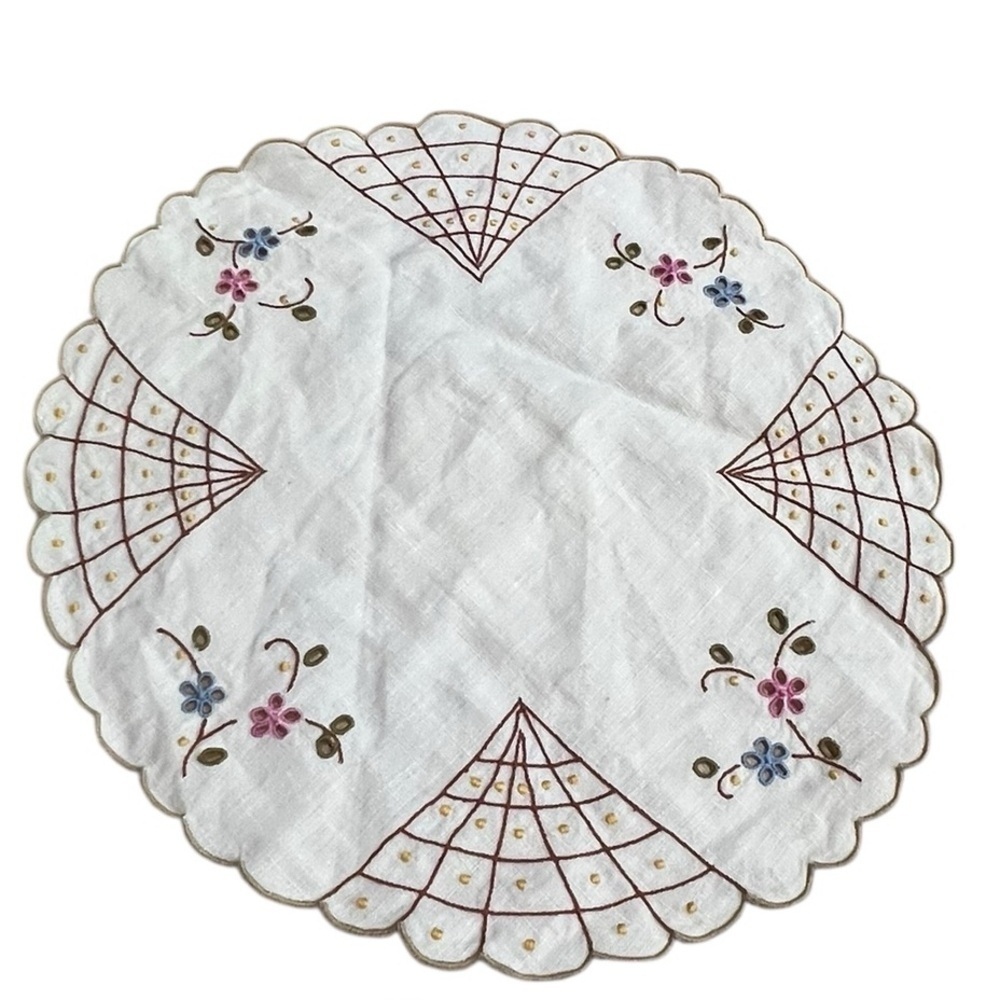White Lace Doily Floral Embroidery Pink Blue